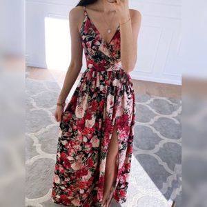 Floral maxi dress with front split, roses, retro style